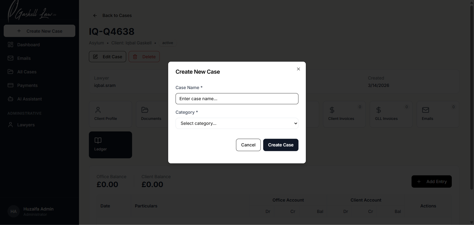 Create New Case modal